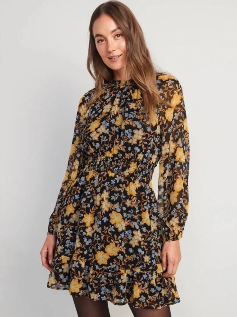 Old Navy Black Floral Smocked-Waist Long Sleeve Dress